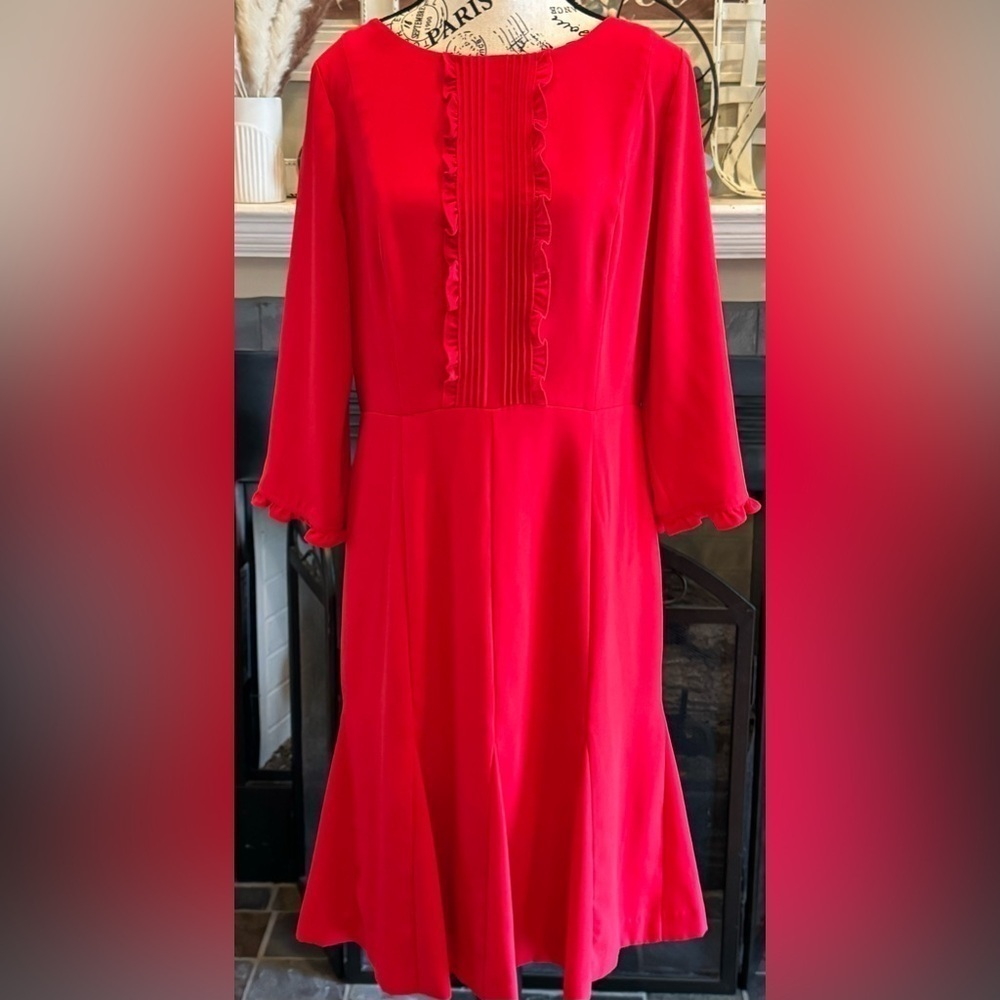 Talbots Red Dress Women’s 8 Ruffle Sleeves Midi Pleated Front Fit Flare Zip Back